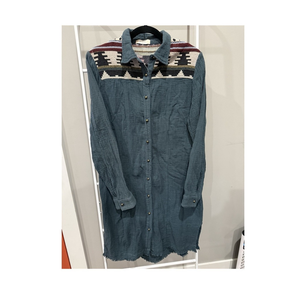 Altar'd State Teal Geometric Collared Button 100% cotton Shirt Dress M Aztec